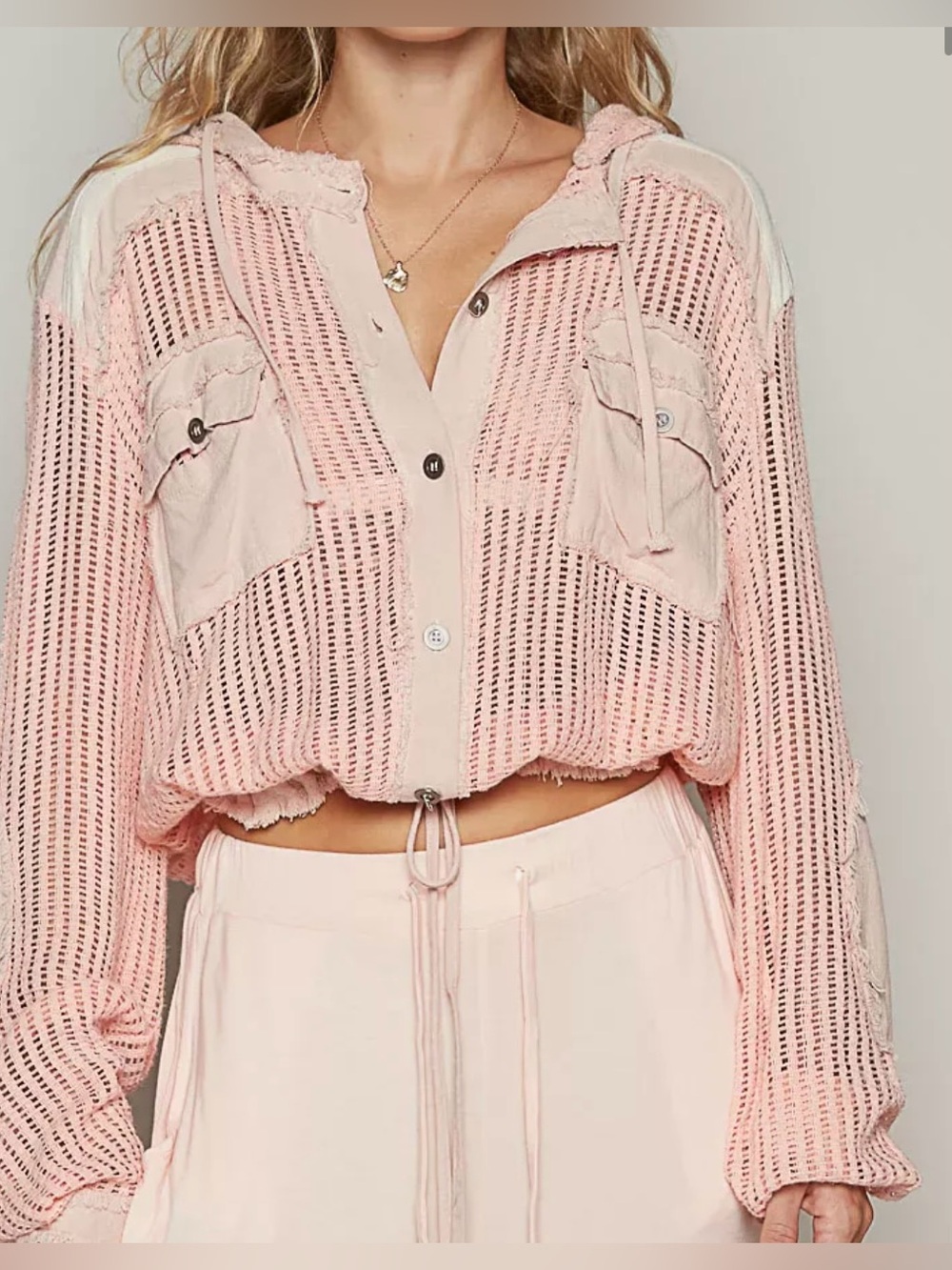 POL Lightweight Pink Cotton Crochet Button Down Hoodie Shirt - Size L NWT